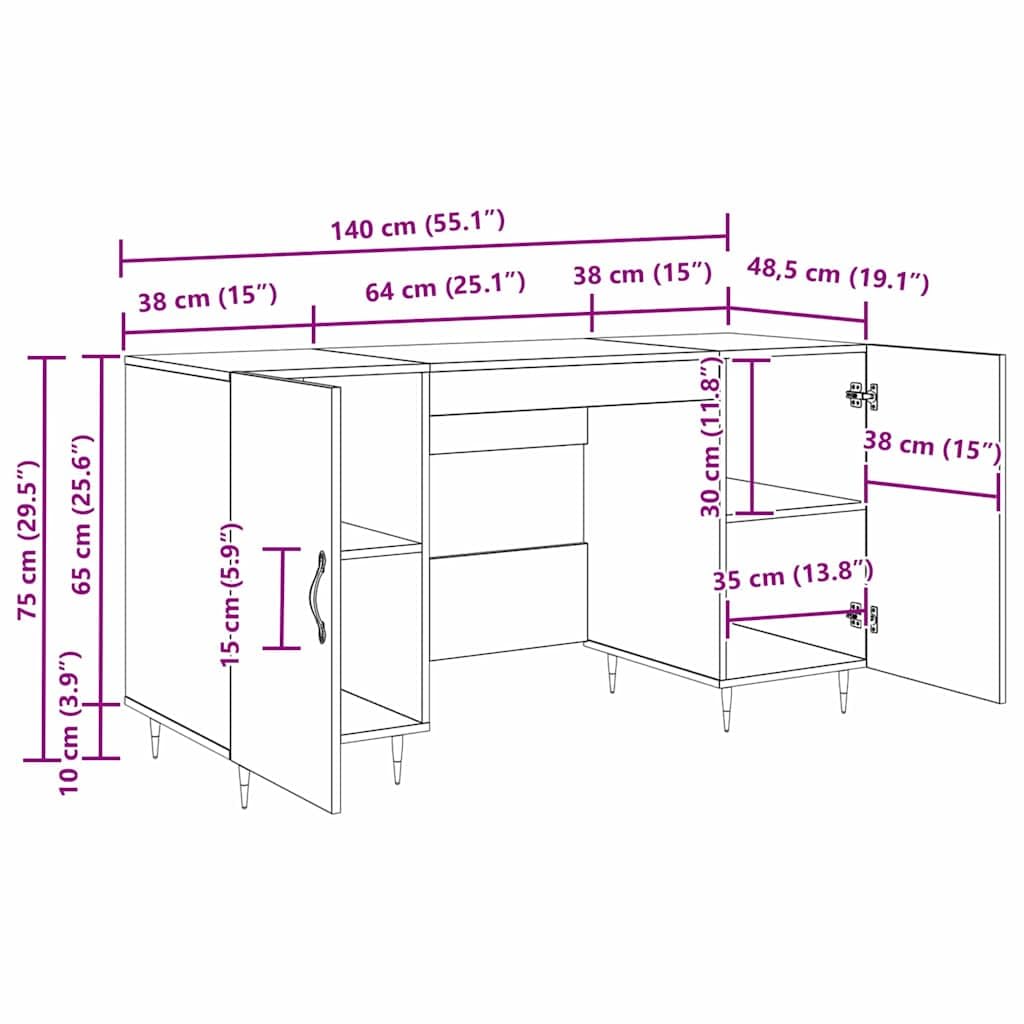 Escritorio con estante de diseño industrial de madera envejecida de 140 x 50 x 75 cm, material de madera mate, 2 estantes, para oficina en casa, oficina, lugar de trabajo, para teclado