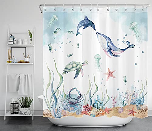 LB Marine Life Shower Curtain Dolphin Whale and Sea Turtle Bath Curtain for Kids,Cartoon Polyester Anti Mould Waterproof Bathroom Curtains with Hooks,94x69 inches