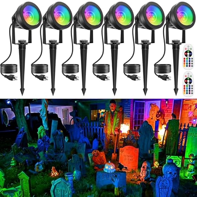 Halloween RGB Spot Lights Outdoor, Color Changing Landscape Lighting, Waterproof Spotlight with US Plug for Yard Tree Garden Path House Christmas Decoration (6 Pack)