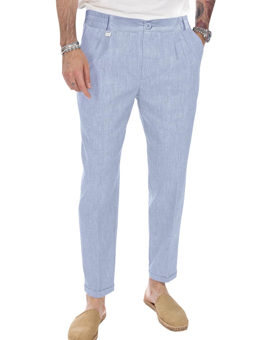 Beotyshow Mens Linen Pants Casual Elastic Waist Trousers Summer Beach Lightweight Pants