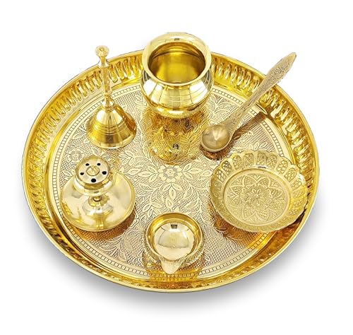 Image of BENGALEN Brass Pooja Thali Set 8 Inch Puja Thali with Pital Designed Plate Kalash Kangura Plate Dhup Dan Kuber Diya Ghanti Palli for Diwali Home Office Mandir Wedding Return Gift Items