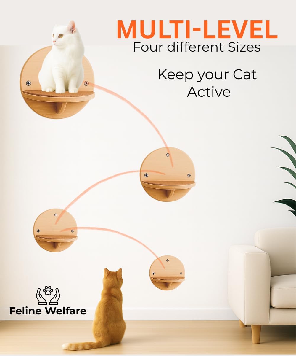 Cat Wall Shelves - Round Floating Cat Wall Steps with Scratch Pads, up to 20Lbs. Saving-Space Decorative Wall-Mounted Cat Furniture for Climbing, Playing & Resting - Solid Natural Wood by INSTINTO