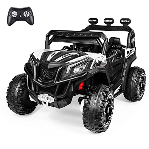 Kid Ride on Off-Road Electric Truck, 4WD Four 35W Motor, 12V 10Ah Battery, Direct/Remote Control, 2 Speed, Bluetooth USB Audio, Spring Suspension, Damper Tire, Storage Trunk, Kidâ€™s Birthday Gift-White