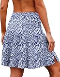 COOrun Tennis Skirts Womens Built-in Shorts Elastic Sports Golf Skorts with Pockets Knee Length Side Slit Blue Floral XL