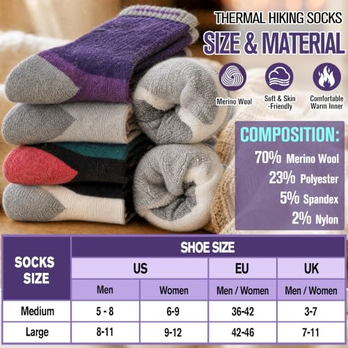 Image of MOGGEI 5 Pairs Merino Wool Hiking Socks Warm Thermal Winter Cozy Cushioned Moisture Wicking Socks for Women & Men