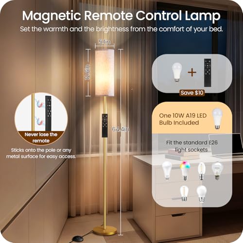 Image of Dimmable Floor Lamps for Living Room with Remote and Foot Switch, 64.4 inch Modern Standing Tall Lamp, Corner Lamp for Bedroom, Bulb Included, 3000K-6500K, White and Gold, FCC Listed DW06LD05W1