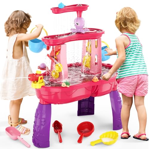 Image of HYES Water Table for Toddlers 3-5, 3-Tier Kids Splash Sand Table Water Toys, Rain Showers Splash Pond for Outdoor Beach Backyard Summer, Activity Sensory Play Table for Girls, Pink