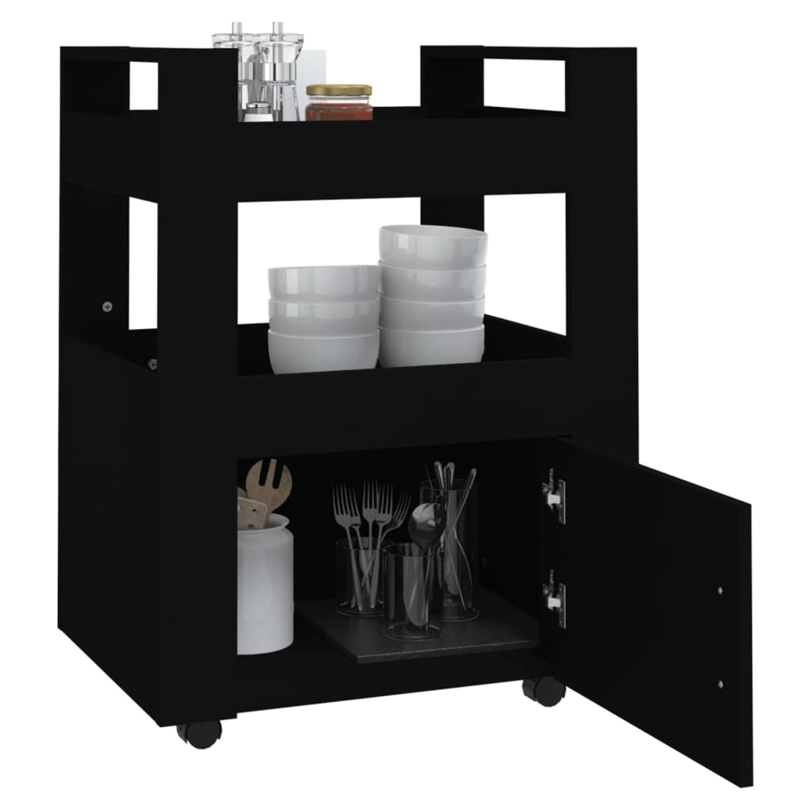 Homgoday Carrito Cocina,Carro asistido con Ruedas Carro de Cocina con Mueble Carro de Almacenamiento de Madera contrachapada para baño Cocina lavandería Negro 60x45x80 cm
