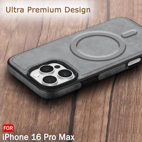 Image of TheGiftKart Genuine Leather Finish Back Cover Case for iPhone 16 Pro Max | Shockproof Design | Raised Edges for Camera & Screen Protection | Stunning Minimalist Design Case (MagSafe Compatible, Grey)