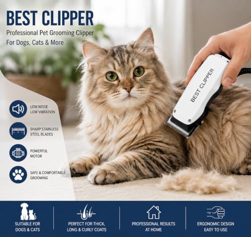 Image of Professional Pet Grooming Clipper for Dogs & Cats | Low Noise Electric Hair Trimmer with Stainless Steel Precision Blades | Powerful Motor | Corded Animal Fur Clipper for Thick, Long & Curly Coats | Home Grooming Kit