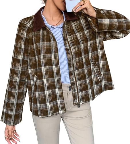 Tankaneo Womens Cropped Jackets Plaid Zip Up Lightweight Utility Coat Casual Short Barn Jacket with Pockets