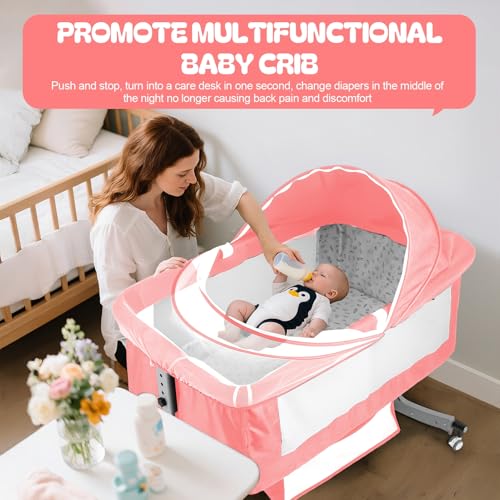 sxvbdway Bedside Bassinet Baby Crib, 4-in-1 Bedside Crib with Changing Table, 6 Levels Height Adjustable Baby Crib with Basket & Mosquito Net, Wheels, Portable Newborn Infant Cradle Bassinet Pink