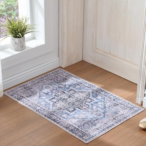Vintage 2x3 Washable Area Rug, Low-Profile Entryway Rug with Non-Slip Backing & Durable Edge Binding, Pet-Friendly Doormat, Small Rug for Entryway, Kitchen, Living Room