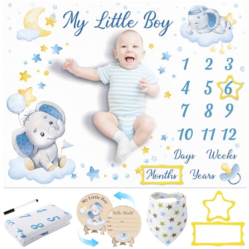 Image of Fingertip WD Baby Milestone Blanket for Baby Boy Girl, Elephant Baby Monthly Milestone Blanket Baby Growth Blanket Newborn Photography Background with Wooden Signs, Frames, Bandana