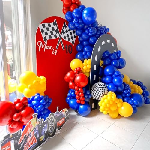 Image of 160Pcs Race Car Balloon Garland Arch Kit - Car Wheels Checkered Balloons 18 12 10 5 Inch Different Size Balloons for Racing Car Two Fast 2nd Monster Theme Birthday Party Decorations Supplies
