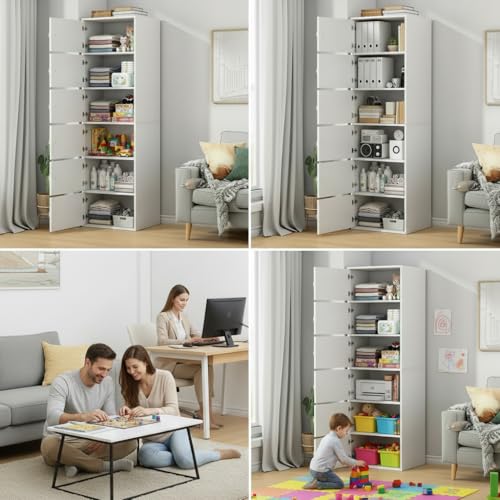 Image of Mevigo Foldable Wooden Wardrobe for Bedroom 6-Shelf Engineered Wood Storage Cabinet for Collapsible Cupboard Almirah for Clothes Space Saving Wooden Wardrobe with Door White