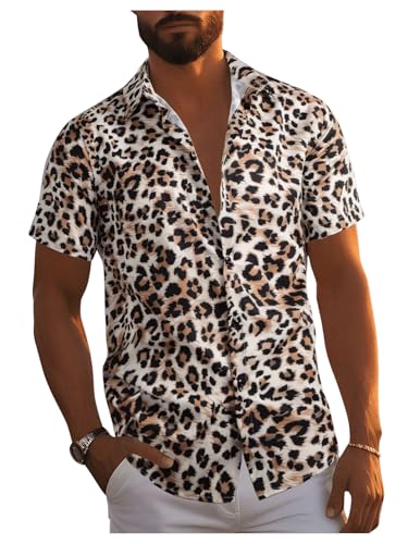 Verdusa Men's Leopard Print Tops Button Down Shirt Short Sleeve Y2k Summer Vacation Shirts Top - Main Image