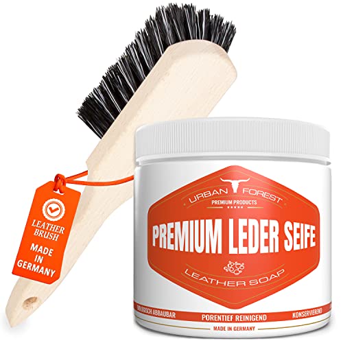 Lederseife Lederreiniger inkl. Bürste aus Deutschland - Lederpflege zur Leder-Reinigung von Lederprodukten Leder Reiniger als Sattelseife, Polsterreiniger - SPARSET von URBAN Forest 500ml