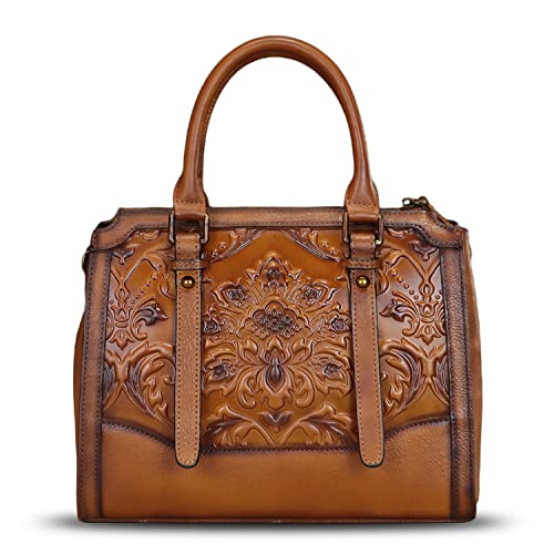 Image of Genuine Leather Satchel for Women Embossed Leather Top Handle Bags Handmade Purse Vintage Crossbody Handbags Hobo Bag