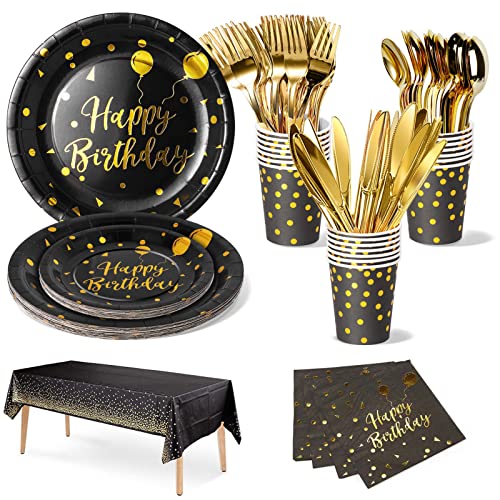Nkaiso 141pcs Noir Or Anniversaire Party Vaisselle,Kit Vaisselles Anniversaire Assiette Dîner Papier Tasse Serviette, Enfants Party Fête Mariages Baby Shower Noël, 20 invités