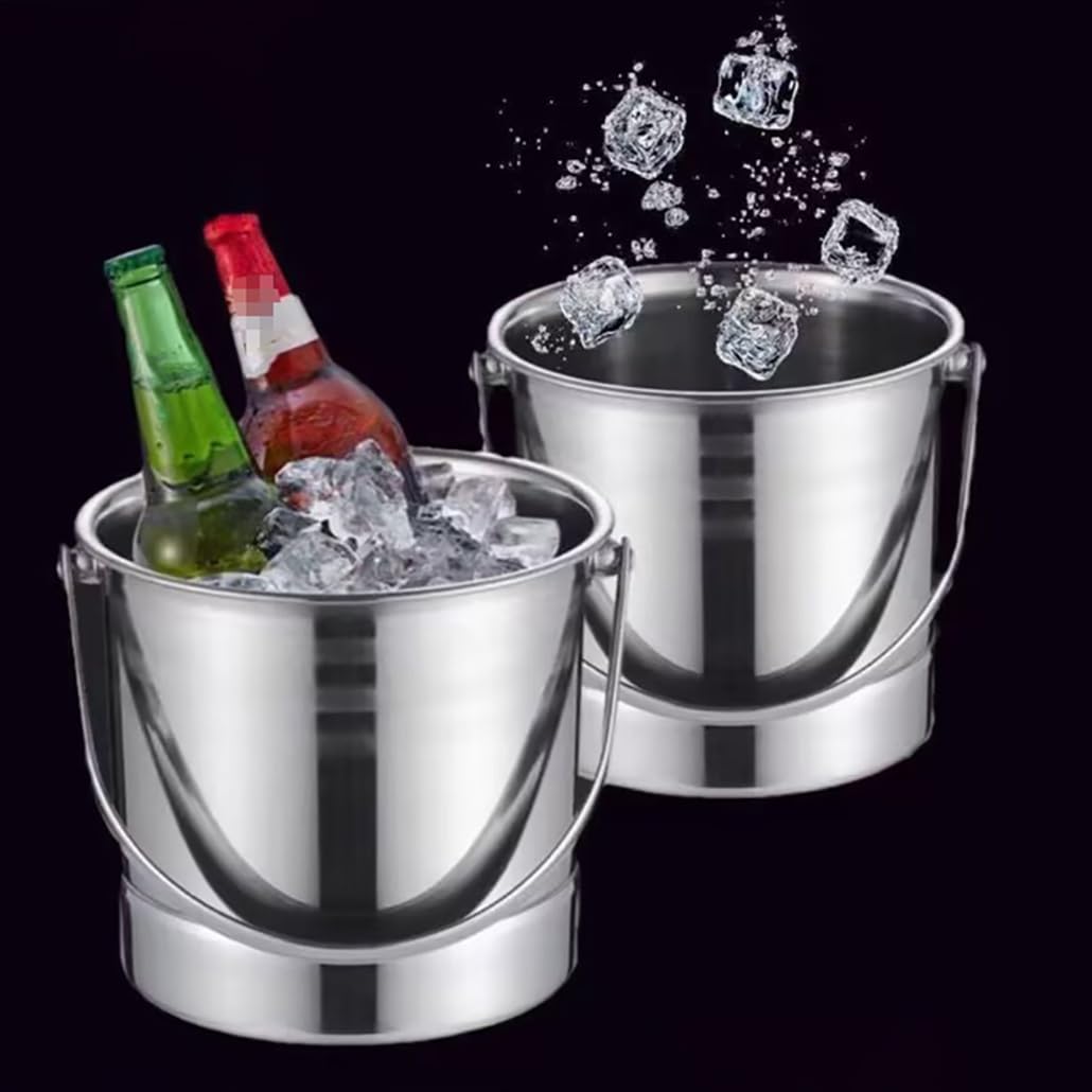 Cubo de hielo de acero inoxidable engrosado de 1,4 L que mantiene el hielo congelado durante más tiempo. Cubo de hielo ligero con pinzas y colador for bar en casa.(6Pcs)