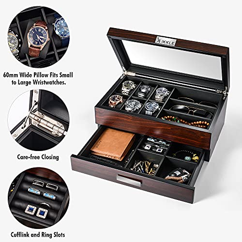 Watch Box Organizer For Men, Luxury Wood Watch Jewelry Box With Valet Drawer, Watch Display Organizer With Real Glass Top, Multipurpose Jewelry Organizer For Sunglasses, Rings, Bracelet, And More #TOP2