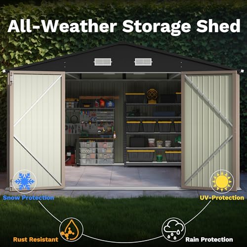 Image of Patiowell 10x14 FT Storage Shed, Outdoor Metal Steel Garden Shed with Lockable Door and Sloping Roof, Large Outside Utility Tool Sheds for Backyard Garden Patio, Brown