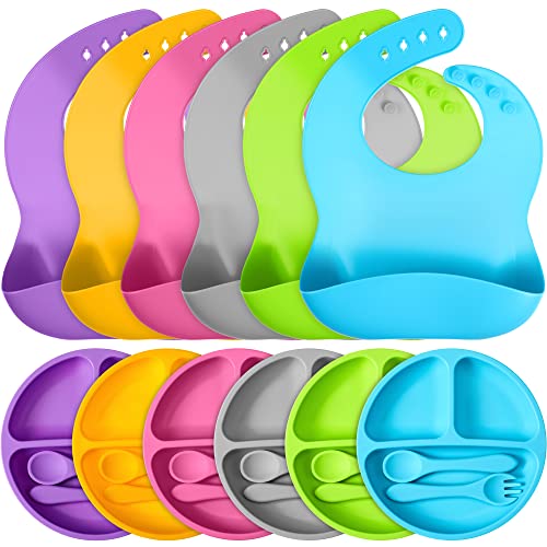 Zopeal 24 Pcs Baby Silicone Feeding Set Baby Led Weaning Set Baby Suction Plates With Spoon Fork Adjustable Silicone Bibs Baby Plates And Utensils Set For Boys Girls, 6 Colors #TOP5