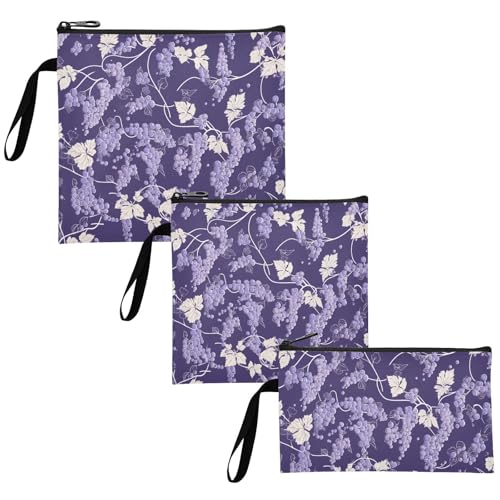 Purple Grape Pattern 3 Pcs Reusable Zipper Snack Bag Portable Food-Safe Storage Zipper Bag for Work Picnic or Travel