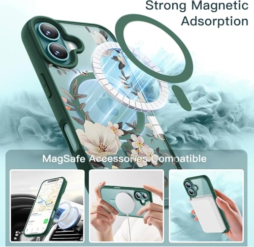 Image of VONZEE Compatible with iPhone 16 Case Luxury Retro Flowers Floral Clear for Magnetic Wireless Charging Case Shockproof Case PC+TPU Cute Glossy Shiny Cover for Girls Women, 6.1'' Green
