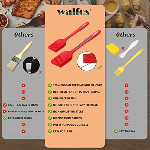 Image of Walfos Silicone Basting Pastry Brush, Heat Resistant Pastry Brush Set, Strong Steel Core and One-Pieces Design, Perfect for BBQ Grill Baking Kitchen Cooking, BPA Free and Dishwasher safe, 2 Pcs (red)
