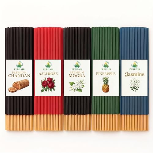 Image of PURE AIR Premium Organic Agarbatti Combo Pack of 5 Chandan,Asli Mogra,Pineapple,Jasmine (400 g, Set of 5)