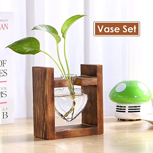 Glass Wood Vase Planter Terrarium Table Desktop Hydroponics Plant Bonsai Flower Pot Hanging Pots With Wooden Tray Triple Heart Design #TOP3