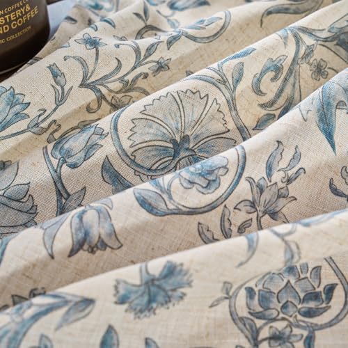 Image of jinchan Linen Floral Curtains for Living Room with Printed Flower 63 Inches Long Light Filtering Farmhouse Window Treatment Vintage Short Drapes Back Tab Rod Pocket 2 Panels Blue on Beige