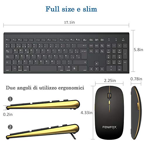 FENIFOX Tastiera Wireless Layout Italiano e Mouse, Kit Keyboard Mouse Wireless 2.4G Doppia Commutazione di Sistema, Pulsante Silenzioso, Compatibili PC/Mac/Windows/Tablet-Nero