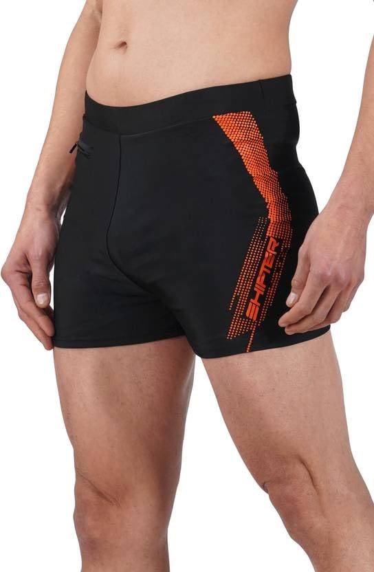 Men's Swimming Shorts, Black with Orange Design, Athletic Swimwear,Multicolor, Any Random Color Will Given