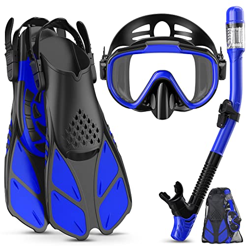 Lealinga Snorkel Set Adult with Flippers, Anti-Fog Diving Set, Dry Snorkel, Adjustable Flippers, Snorkelling Packages for Men and Women