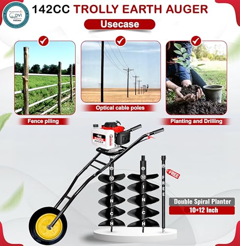 Image of DVI 142CC Trolley Earth Auger Machine, 4-Stroke Petrol Engine - with 10 Inch + 12 Inch Double Spiral Planter Bits & Free Extension Rod | for Plantation, Fencing & Post Hole Digging in All Soil Types.
