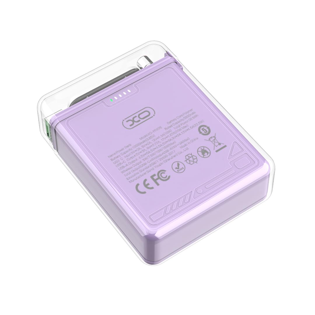 XO PR226 Power Bank con torcia, 10000 mAh Powerbank compatibile con MagSafe, 20 W PD + 22,5 W ricarica rapida USB, ricarica wireless da 15 W, trasparente (viola)