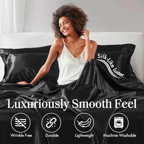Image of Madison Park Essentials Satin Sheets Split King Size Bed Set, 7 Pcs, Black | Luxury and Smooth Silky Bedding with Natural Sheen, All Around Elastic 14 inch Pocket fits up to 16 inch Mattress, Year-Round Cozy