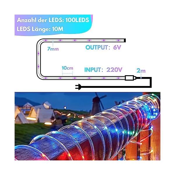 Tubiaz 10 Meter LED Lichterschlauch Außen, Bunt 100LEDs Wasserfest LED Schlauch für Auße, Dimmbar & Memory-Funktion, für Weihnachten, IP65 – Bild 3