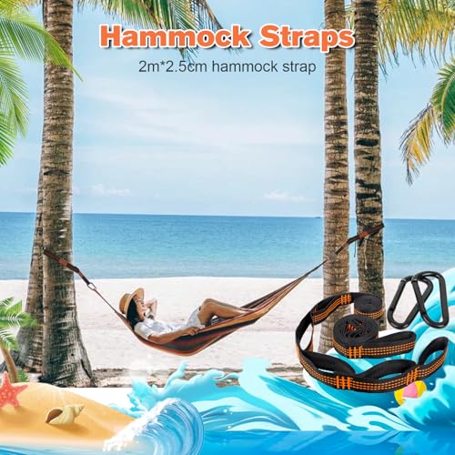RNHDLY 2er Pack Hängematte Befestigung 2 m x 2,5 cm Hängematten Aufhängung Gurte mit 2 Schwerlast Karabiner, Schaukel Befestigung Seil für Hängematte mit 6 Schlaufen für Camping Outdoor Wandern