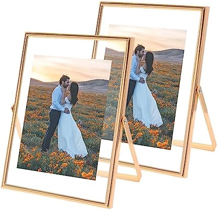 HSAUYU 4x6 Gold Picture Frame Set of 2, For Multiple Photo Sizes 4x6 3x5 2x3, Gold Glass Metal Floating Picture Frames, Only for Tabletop Display Vertically