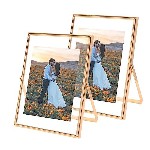 Hsauyu 4X6 Gold Picture Frame Set Of 2, For Multiple Photo Sizes 4X6 3X5 2X3, Gold Glass Metal Floating Picture Frames, Only For Tabletop Display Vertically #TOP3