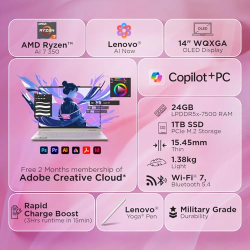 Image of Lenovo Yoga 7 2-in-1 AMD Ryzen AI 7 350 (24GB RAM /1TB SSD /14 (35.5cm) /WUXGA OLED /50 Tops NPU /Copilot+ PC /Windows 11 /Office Home 2024 /Yoga Pen /1Yr ADP /Seashell /1.38Kg), 83JR001EIN Convertible Laptop
