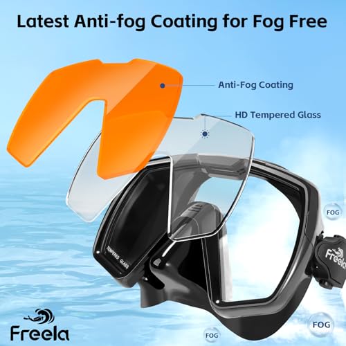 Image of Freela Adult Snorkel Diving Mask with Nose Cover, Tempered Glass Anti Fog Waterproof 180 Panoramic Wide View Scuba Free Diving Goggles for Men Women