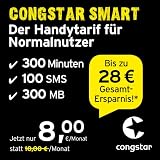 congstar Smart Tarif [SIM, Micro-SIM und Nano-SIM] monatlich kündbar (8,00 Euro/Monat, 300 MB Datenflat mit max. 7 Mbit/s, monatlich 300 Minuten und 100 SMS) in bester D-Netz-Qualität