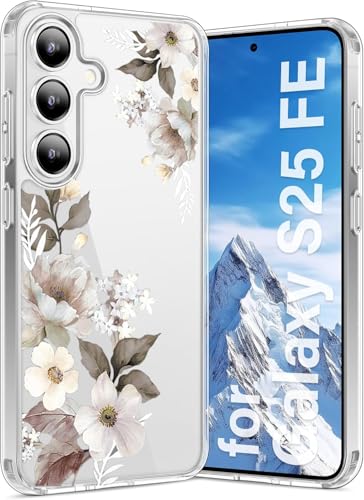 Image of Elzzi Clear Transparent Cover for Samsung S25 Fe 5G Case Shockproof Case Floral Design Full Camera Protection Shockproof PC Covers Transparent Flower Cover for Girls & Women (Grey)