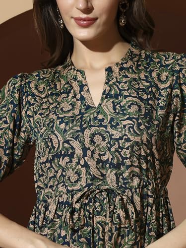 Image of KZULLY | Dress for Women | Midi Dress | Floral Printed | Polyester Fabric | Bell Sleeve Ethnic A-Line | Tiered Fit & Flare | Casual & Festive