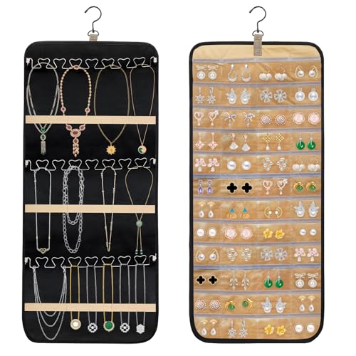 Porta Gioielli da Appendere, Hanging Jewelry Organizer per Armadio, Doppia Faccia con 48 Tasche Trasparenti e Ganci Metallici, Organizer da Appendere su Porta o Parete per Orecchini Collane,Bracciali